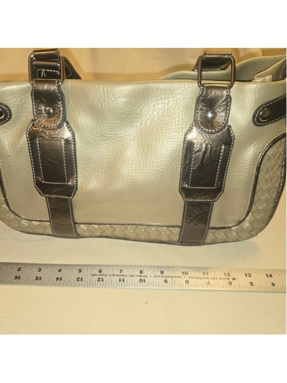 Emilie M. Metallic Champagne Beige Vegan Leather Shoulder Bag w/‎ Buckle Accents